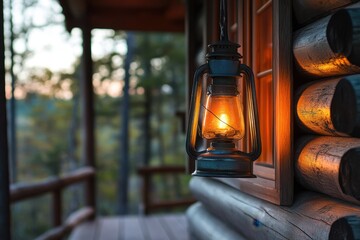 Rustic lantern illuminating a log cabin at dusk nature's serenity outdoor photography rustic environment close-up view tranquil concept