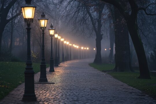 Evening stroll by classic street lamps foggy park pathway gigapixel quality serene atmosphere warm glow peaceful retreat - Powered by Adobe