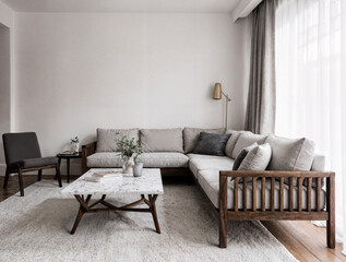Open space with sectional sofa in walnut frame, linen curtains and terrazzo coffee table