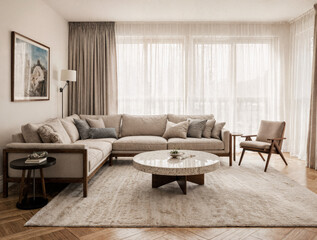 Open space with sectional sofa in walnut frame, linen curtains and terrazzo coffee table