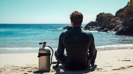 deporte de buceo un hombre sentado a la orilla del mar con su tanque de oxigeno y su traje de neopreno listo para disfrutar de la vida marina 