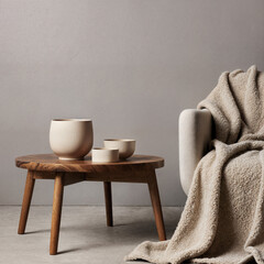 Organic ceramic and light gray walls, warm wood coffee table with beige wool blanket