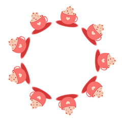 Seasonal autumn scene vector frame with hot chocolate cups in flat style. Hand drawn illustration for cards, social media, banners