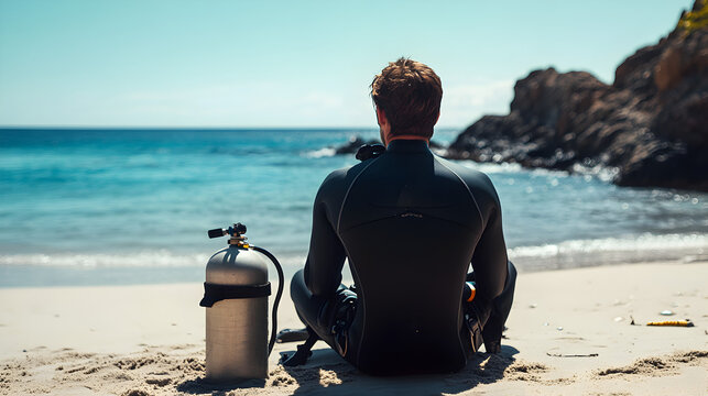 deporte de buceo un hombre sentado a la orilla del mar con su tanque de oxigeno y su traje de neopreno listo para disfrutar de la vida marina 