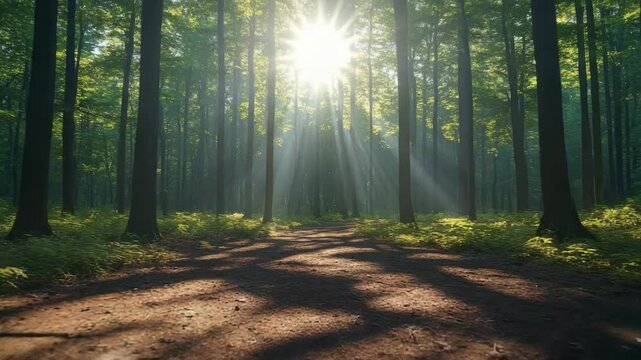 Serene Sunlight Filtering Through a Lush Green Forest Path in the Early Morning