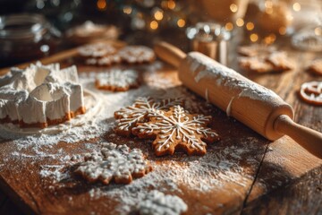 A cozy holiday kitchen with gingerbread cookies and baking ingredients.