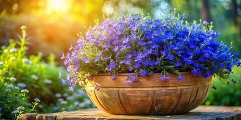 Fototapeta premium Vibrant Blue Flowers in a Rustic Wooden Planter Bask in Golden Sunlight
