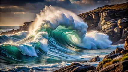 Fototapeta premium Ocean Wave Crashing Against Rocky Coastline, A Dramatic Display of Nature's Power and Beauty