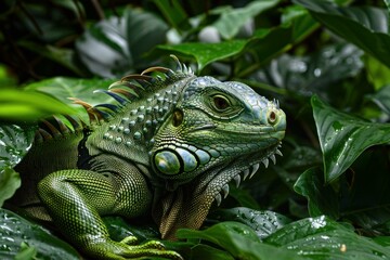 Fototapeta premium Green iguana resting on leaves in tropical rainforest environment