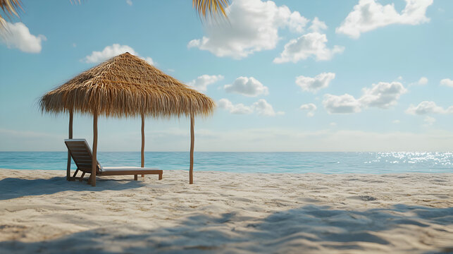 una palapa en medio de la arena con un camastro para relajarse a la orilla del mar disfrutando relajados y tranquilidad en el verano en la playa 