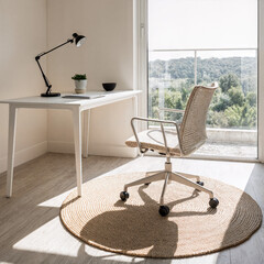 Minimalist workspace for summer with floating desk and ergonomic chair near large windows