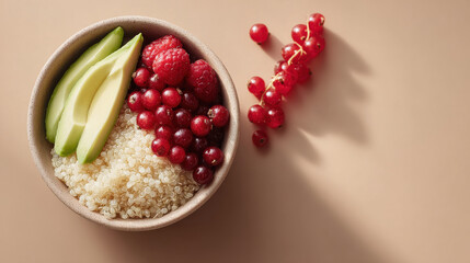 minimalist studio of bowl with buckwheat avocado and fresh berries on bright amber background