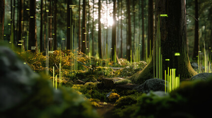 Digital vernetzter Wald mit grünen Datenimpulsen als Zukunftsvision der Umweltüberwachung. Künstliche Intelligenz KI
