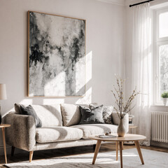 Beautiful beige sofa with sunlight streaming through large windows in bright modern Scandinavian living room