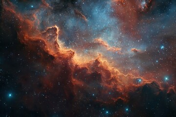 Stunning cosmic nebula in vibrant red and orange shades embellished with glowing blue stars for space lovers and astrophysics enthusiasts