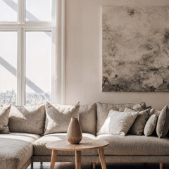 Bright modern Scandinavian living room with sunlight streaming in through large windows and a beautiful beige sofa