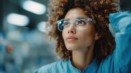 focused technician portrait on left side of frame deep in thought while solving technical problem in laboratory