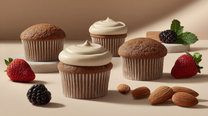 beautiful arrangement of glutenfree cupcakes and muffins on clean background