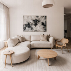 Minimal living room interior with cream modular sofa, organic curves, and lighting