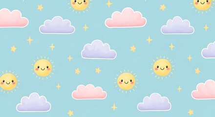 Adorable Sun and Cloud Pattern Pastel Sky Seamless Repeat