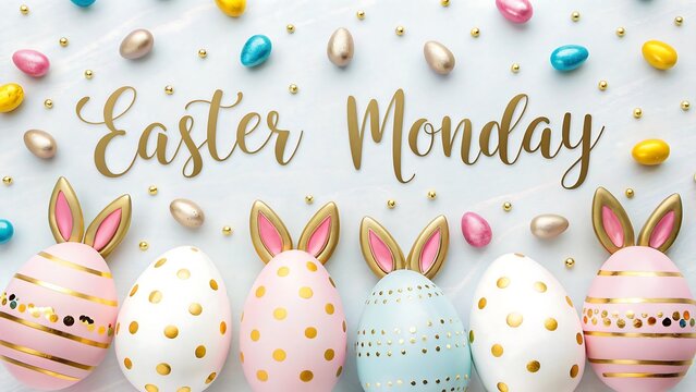Easter monday illustration with decorative bunny eggs and colorful candies in pastel festive background
 - Powered by Adobe