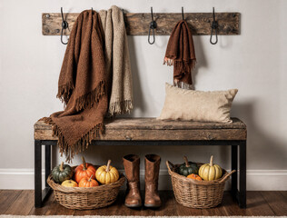 Rustic autumn porch with sturdy bench, old pine wool scarf and leather boots decorated with hoops