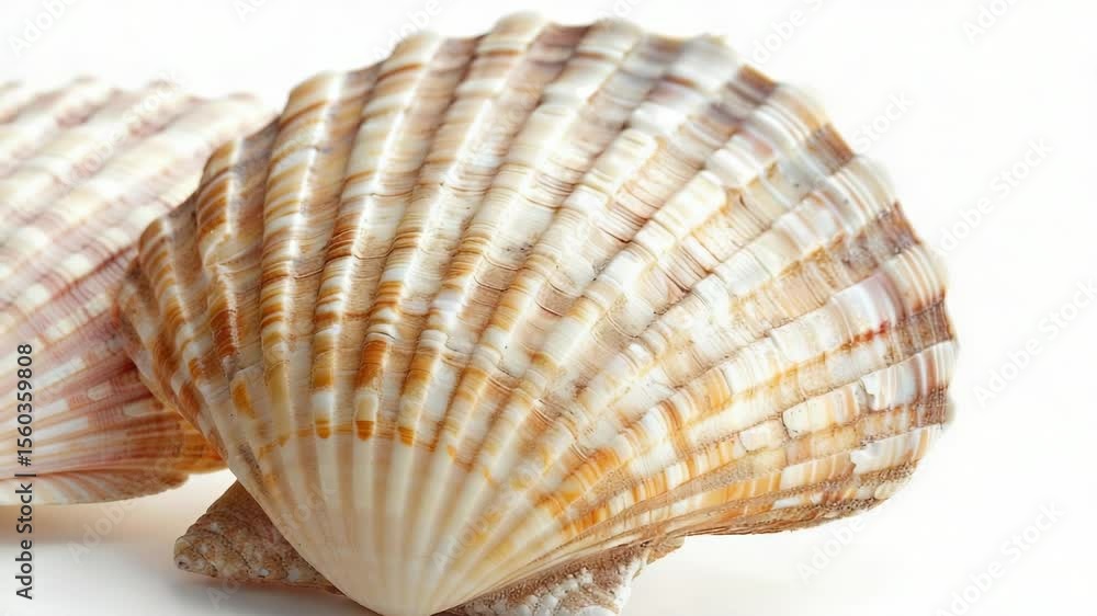 Poster close-up of two seashells on a white surface, suitable for use in coastal-themed designs or as a sym