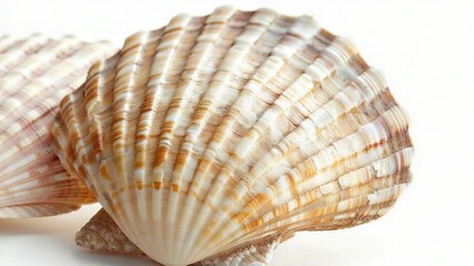 Close-up of two seashells on a white surface, suitable for use in coastal-themed designs or as a symbol of protection and shelter