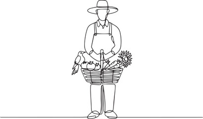 continuous line drawing of a farmer wearing hat and apron holding basket of produce in elegant single line art style