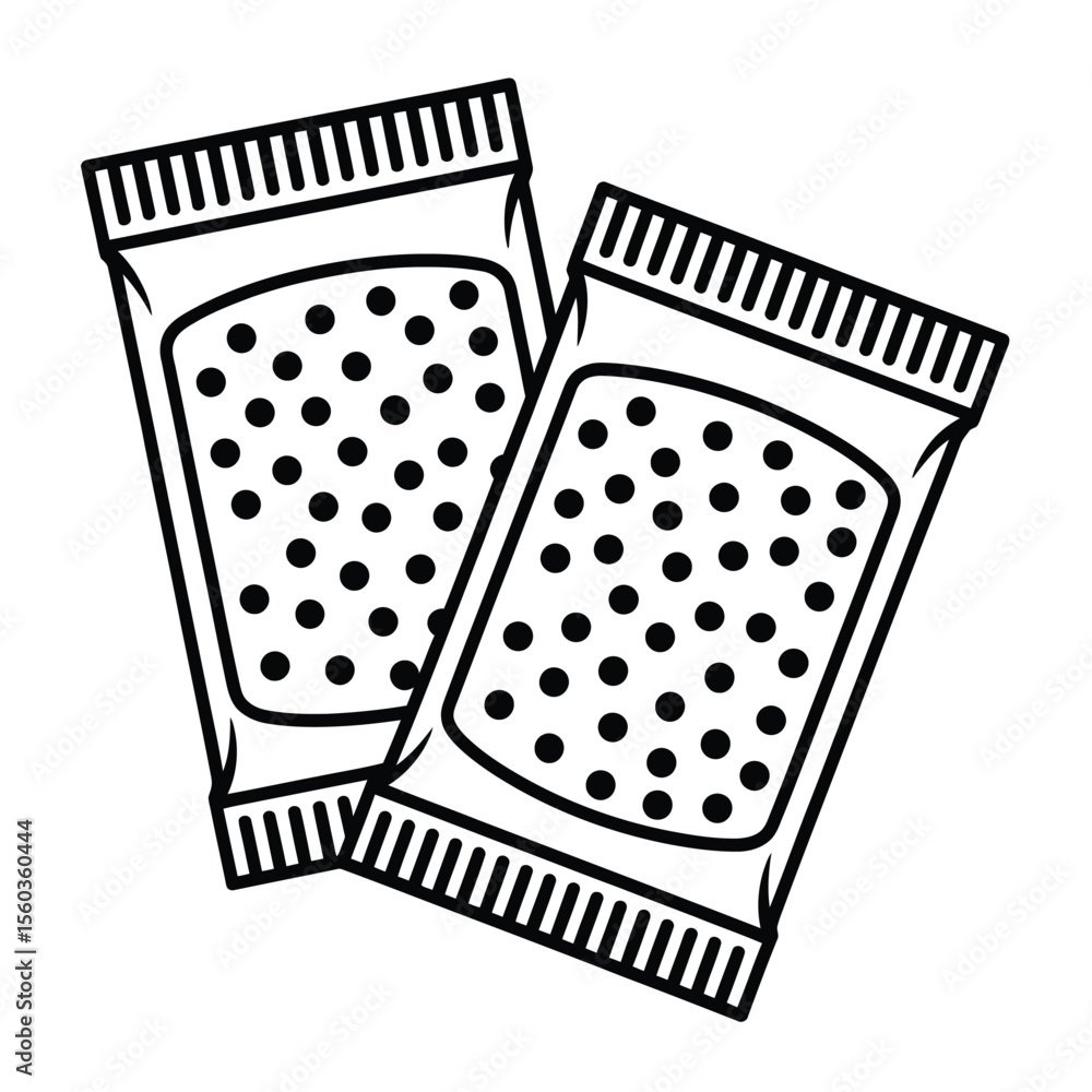 Poster two small packets with dotted patterns and ribbed edges isolated on white background