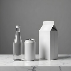 Minimalist still life white can bottle and milk carton product
