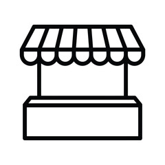 Simple black outline icon of a market stall with a striped awning and counter
