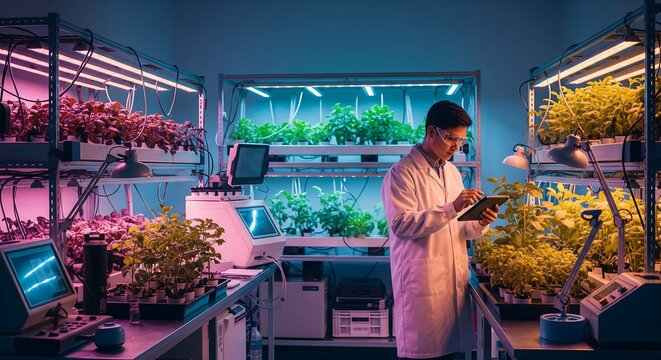 Scientist examining plants in a modern hydroponic laboratory conducting research on sustainable agriculture with technology