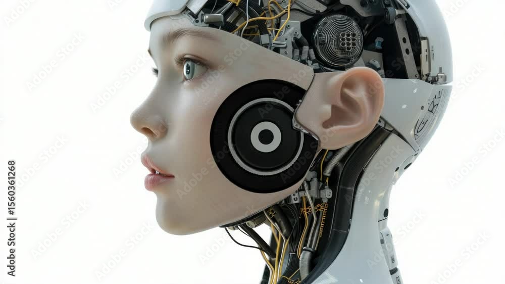 Poster a close-up view of a person wearing a robot mask, with details visible on the mechanical head