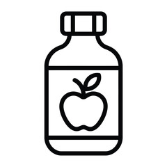 Simple outline icon of a bottle with an apple logo on a white background