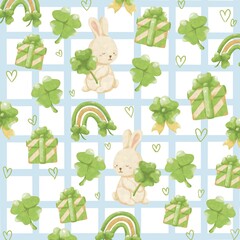 Seamless Pattern with Cute Bunny and Clover Leaves – Spring and Lucky Theme Design