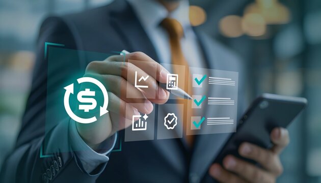 Businessman uses mobile technology for financial management and task completion, streamlining workflow and maximizing efficiency in a modern office. - Powered by Adobe