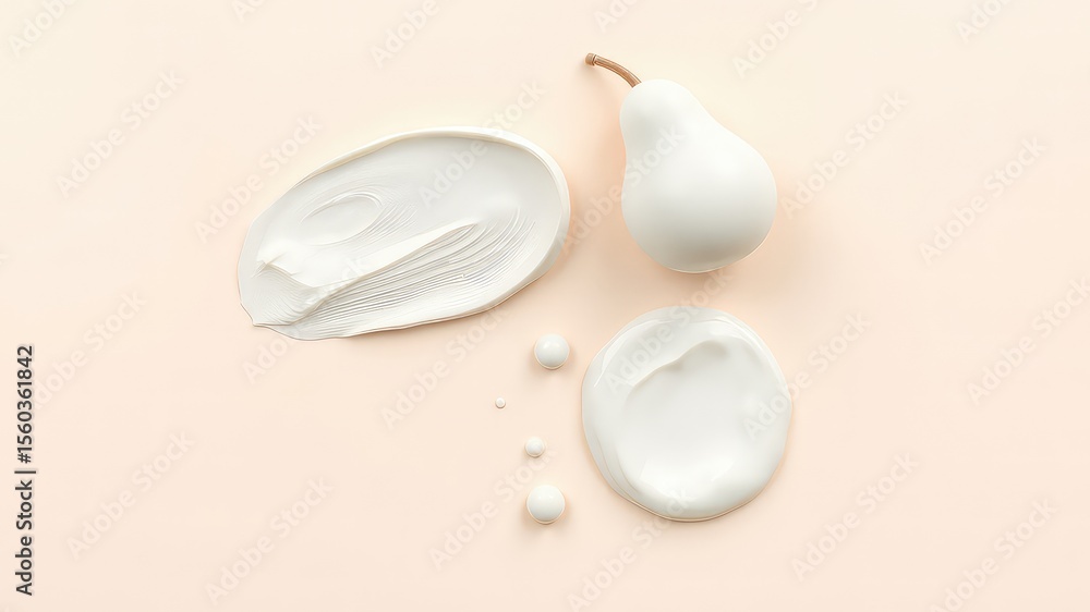 Poster minimalist flat lay composition featuring a stylized fruit and blobs of white cream on a light color