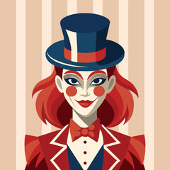 Clown girl with red hair and top hat. Circus style portrait. Illustration.
