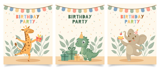 Set of birthday invitation cards with cute wild animals. Birthday greeting cards. Illustration for postcard, invitation, poster, print.