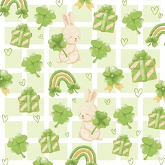 Seamless Pattern with Cute Bunny and Clover Leaves – Spring and Lucky Theme Design