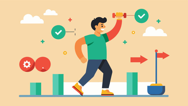 A man tracks his progress by setting small achievable milestones and celebrates each milestone as he gets closer to his ultimate healthy fitness goals.. Vector illustration