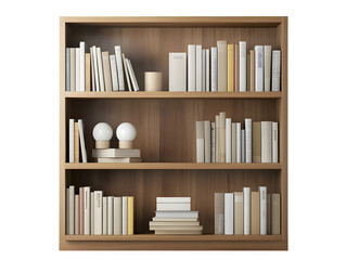 realistic modular smart bookshelf mockup, front view with adjustable lights, isolated on transparent background