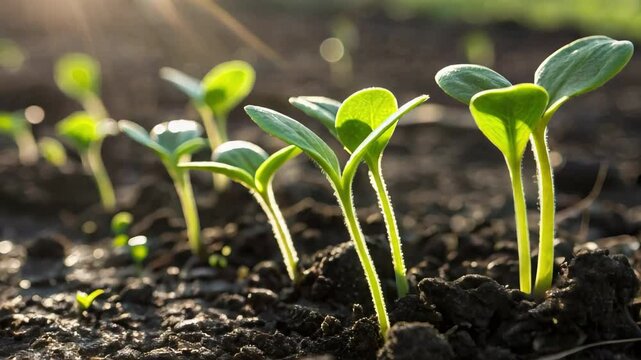 Young green shoots stretch from the earth to the sun in the rays of the sun