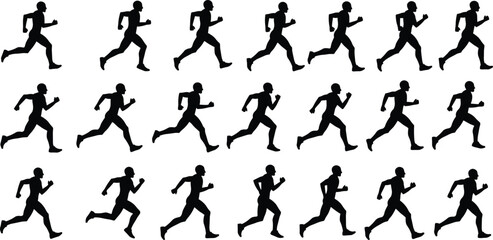  Dynamic Silhouettes of Male Runners in Various Action Poses for Fitness and Health Campaigns, Isolated Vector Graphics for Sports and Exercise Themes, 