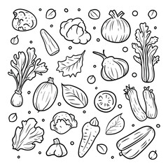 Set of hand-drawn vegetable doodles in black and white