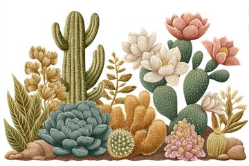 Detailed Illustration of Desert Cacti and Succulents in Warm Hues