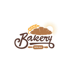Vintage Bakery Logo with Croissant, Wheat and Rolling Pin Retro Style Vector Design