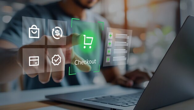 Online shopping experience is enhanced by a customer using futuristic checkout interface with a laptop for convenient transactions.