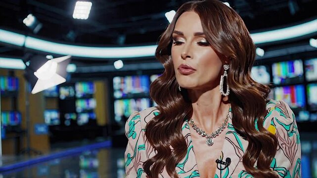Seamless Loop video of Poised brunette anchor delivering live news in well‑lit newsroom,Generative AI